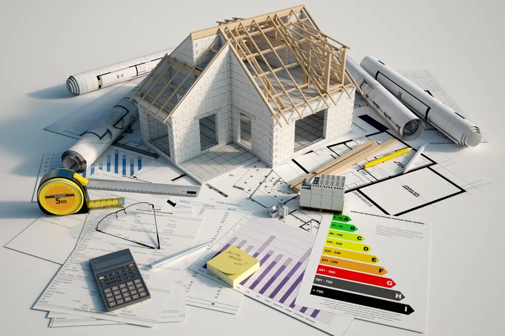 Miniature house project with planning equipment around it.