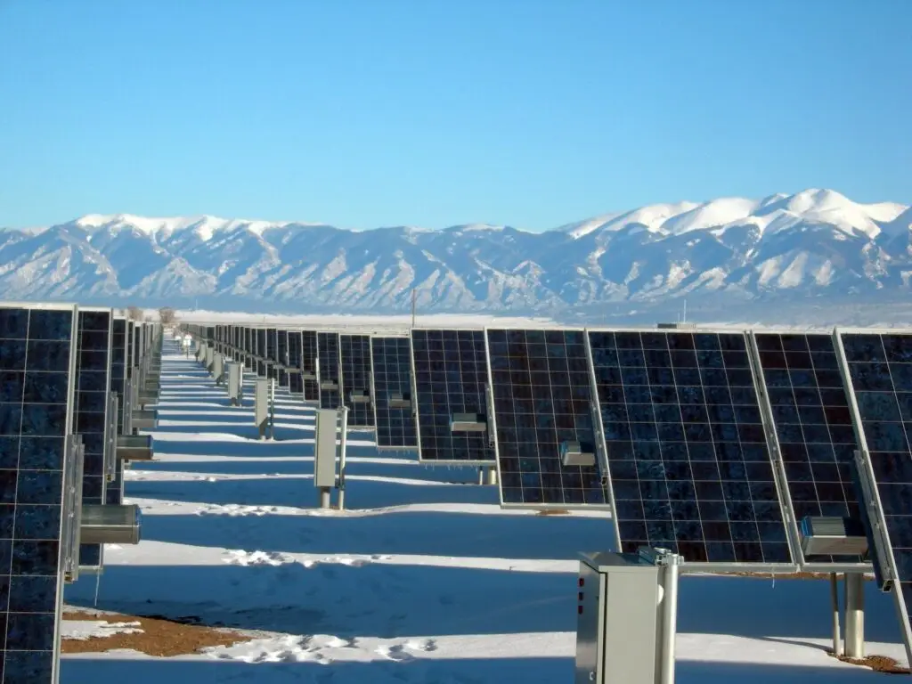 Solar panels with snowy mountains background