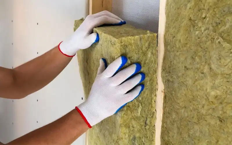 Gloved hands installing internal wall insulation.