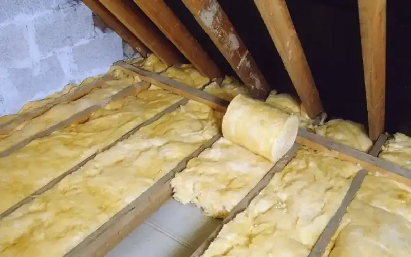 Loft insulation being installed between rafters.